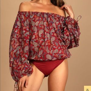 NWOT Free People Sundown Rust Red Paisley Print Off-the-Shoulder Bodysuit Size S